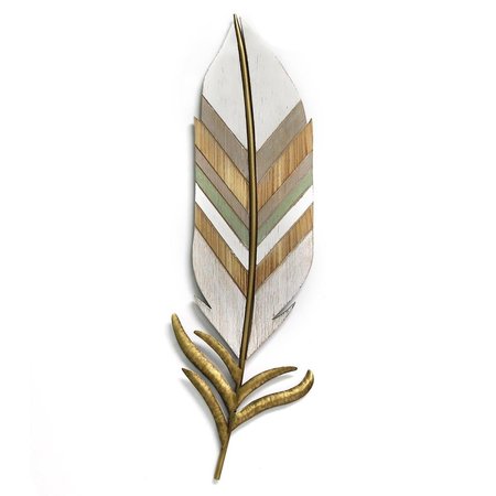 KD ESTANTERIA Boho Wall Feather, White, Gold, Green & Natural Wood KD2627103